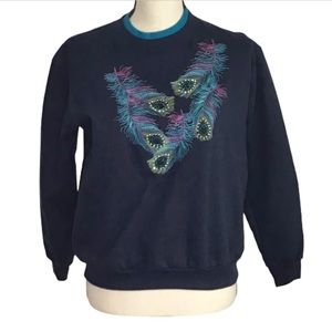 Top Stitch Peacock Feathers Embroidered Grandma Crewneck Blue Sweatshirt PS